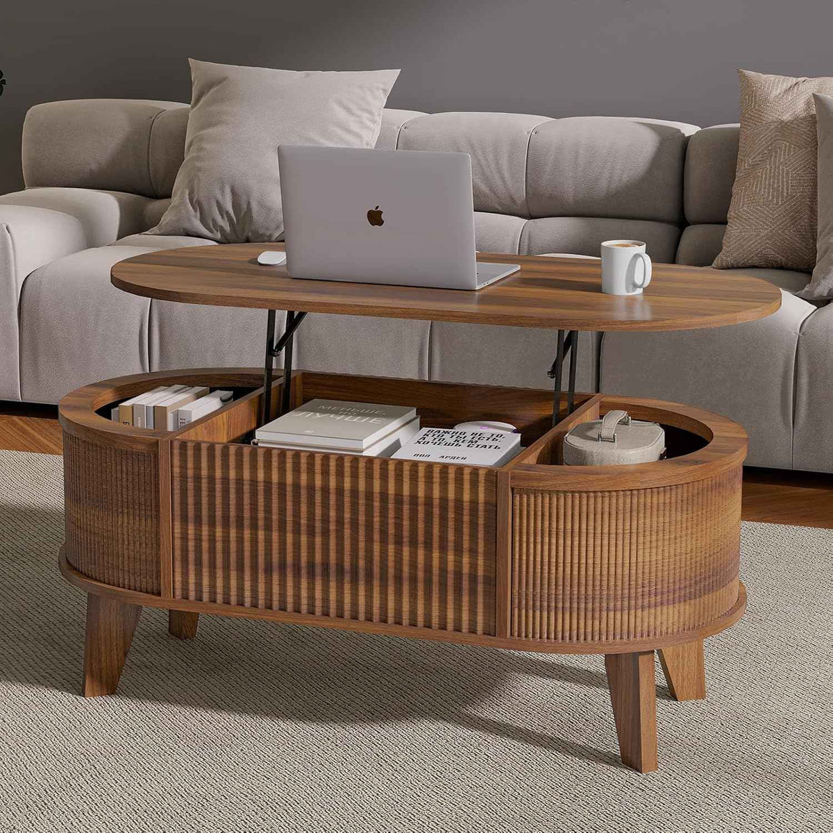 LYNCOHOME Fluted Lift Top Coffee Table, Walnut