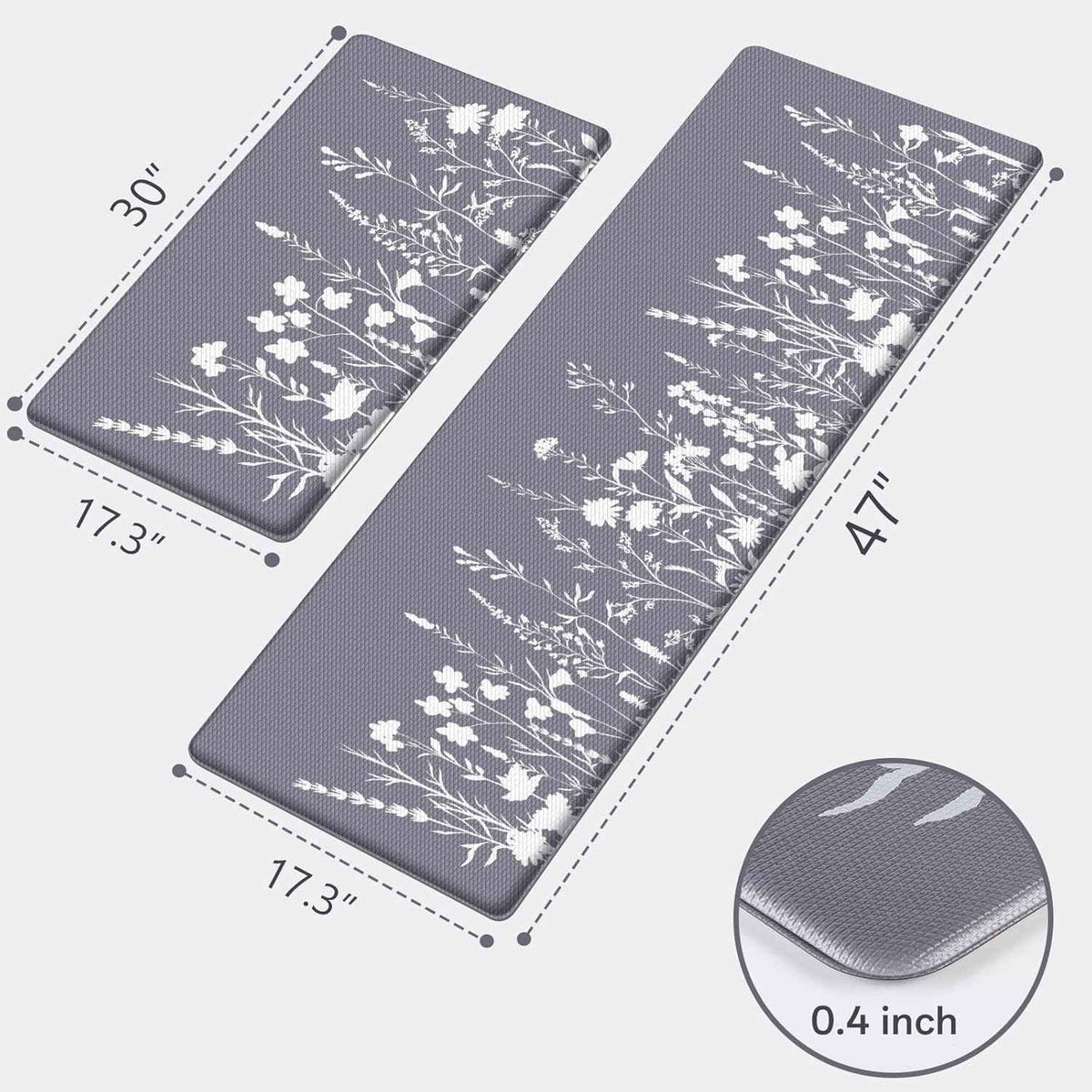 Anti-Fatigue Kitchen Mat Set of 2 | Grey | 17.3"x30" + 17.3"x47" | Non-Slip Cushioned Floor Rug
