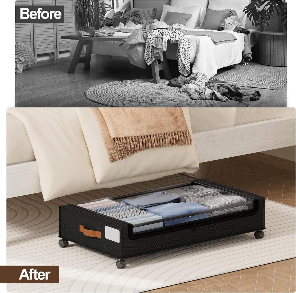 LAMU Under Bed Storage with Wheels, 2Pack Underbed Storage Containers,Black | Smooth-rolling Wheels, Clear Lid & Label, Sturdy Metal Frame, Easy Install, Rolling Storage Drawers for Clothes, Shoes, Toys - Field & Nook