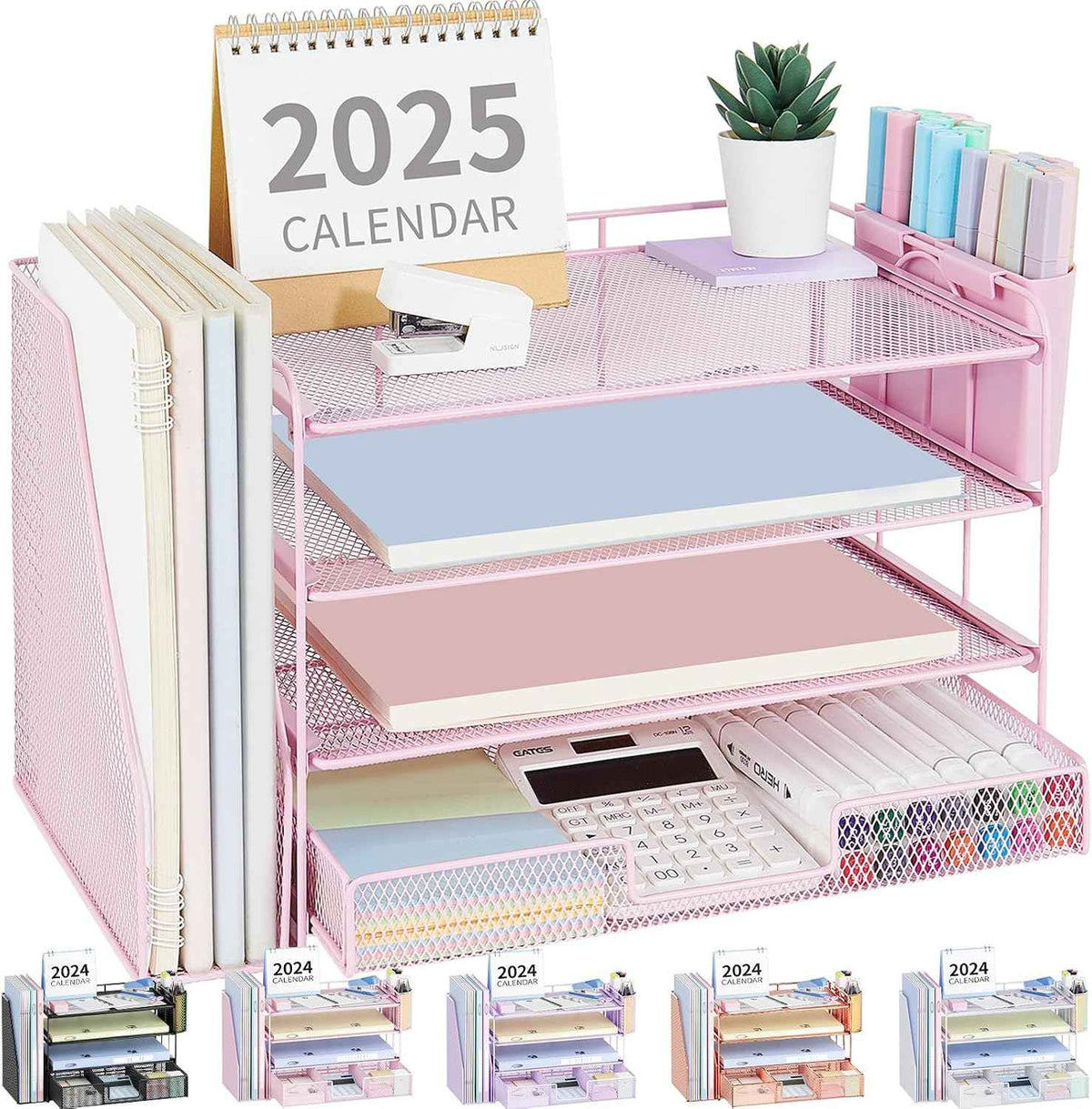 Desk Organizer, 4-Tier Desktop File Organizer with Drawer and Pen Holders, Office Desk Accessories, File Sorters, Workspace Organizers for Office Supplies(Pink)