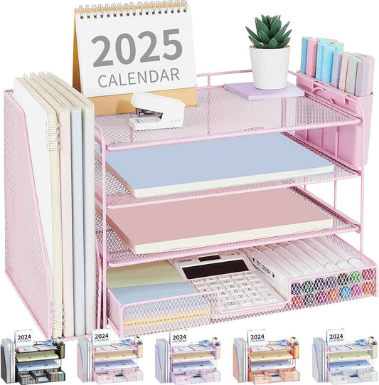 Desk Organizer, 4-Tier Desktop File Organizer with Drawer and Pen Holders, Office Desk Accessories, File Sorters, Workspace Organizers for Office Supplies(Pink)