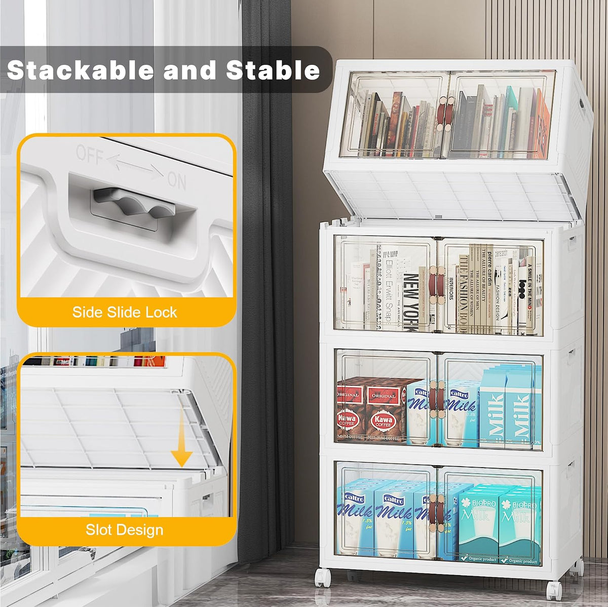 Stackable Storage Bins with Lid, 208QT Plastic Cabinet with Wheels | Large Capacity, Magnetic Door, Stack Lock, Rolling Wheels, Foldable Design, Organizers and Storage for Bedroom Dorm Garage - Field & Nook