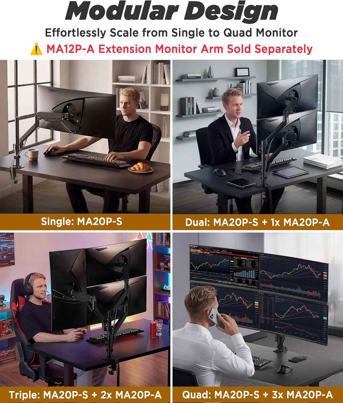 ULTRARM Extra-Tall Heavy-Duty Monitor Arm Mount for 40" Ultrawide Monitors | 33.4" Max Height, 26.4 lb VESA Capacity, C-Clamp & Grommet Mount, Height Adjustable, Long-Reach Ergonomic Arm, Black, MA12P-S