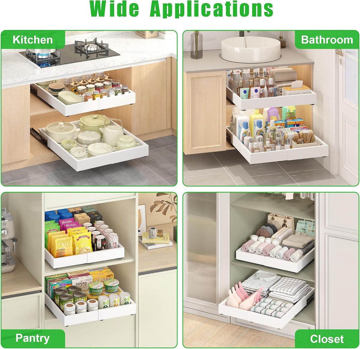 1 Pcs Pull Out Drawers for Cabinets Organizer Expandable Width(11.8"-19.4"), Depth(16.45"-21.7") With 3 Rails, No Drill Roll Out Drawer, Adhesive Sliding Drawers - Field & Nook