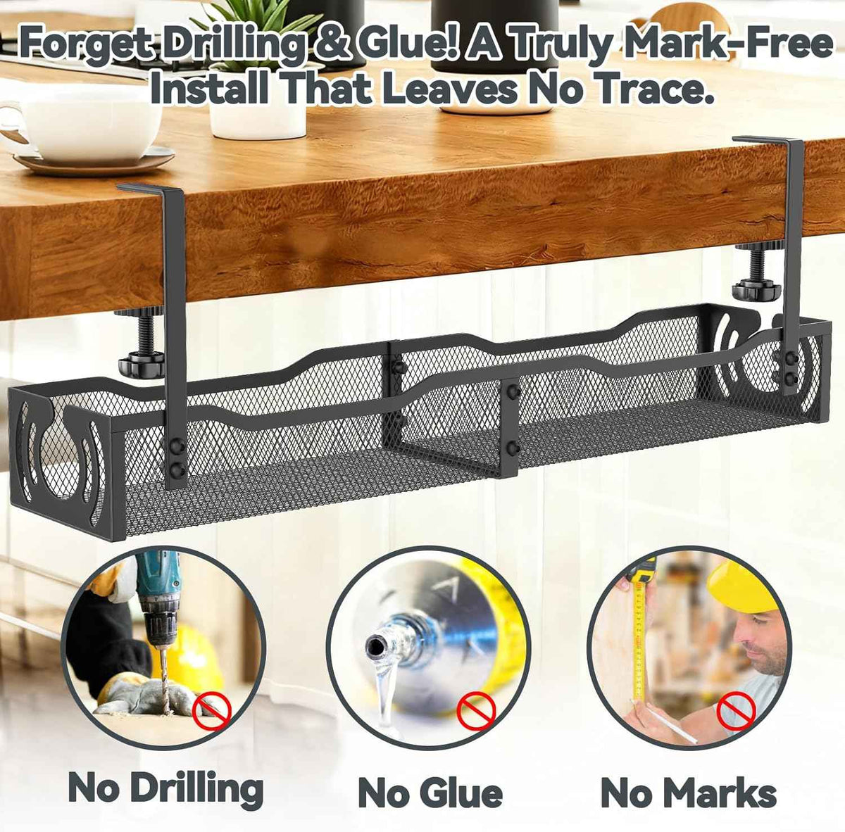 25.3-Inch Under-Desk Cable Tray – No-Drill Clamp-On Metal Cord Organizer, Black