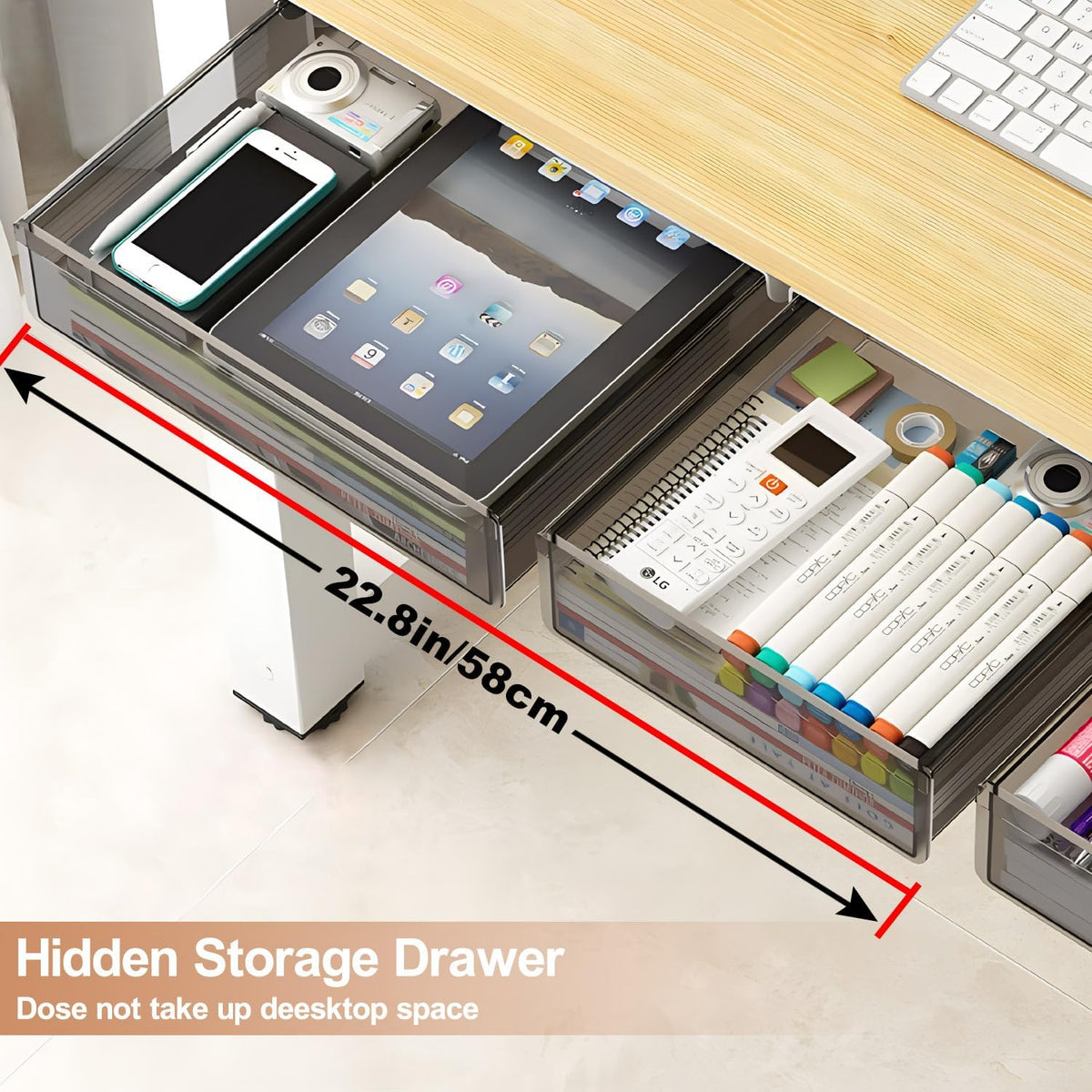 SVNNELP Under Desk Table Drawer Storage Organizer,2 Pack Large & Medium Slide Out Desk Drawers - Hidden Desktop Organizer,Attachable Pencil Storage Tray Under Table(ML) - Field & Nook