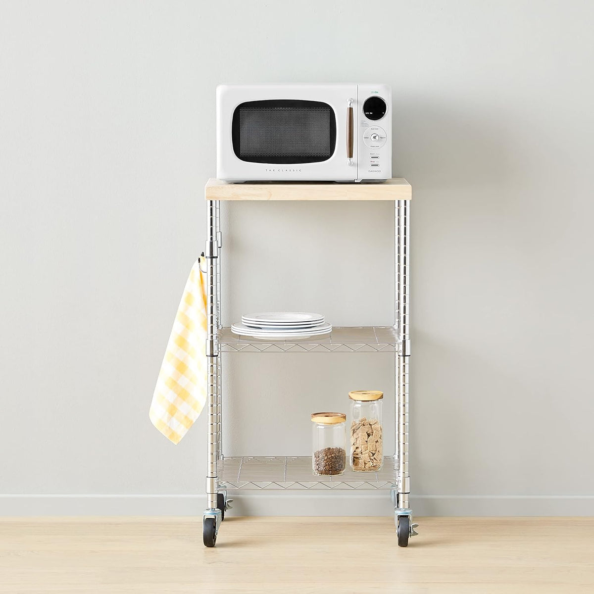 Portable Three-Tier Kitchen Rack – Adjustable Shelves and Casters