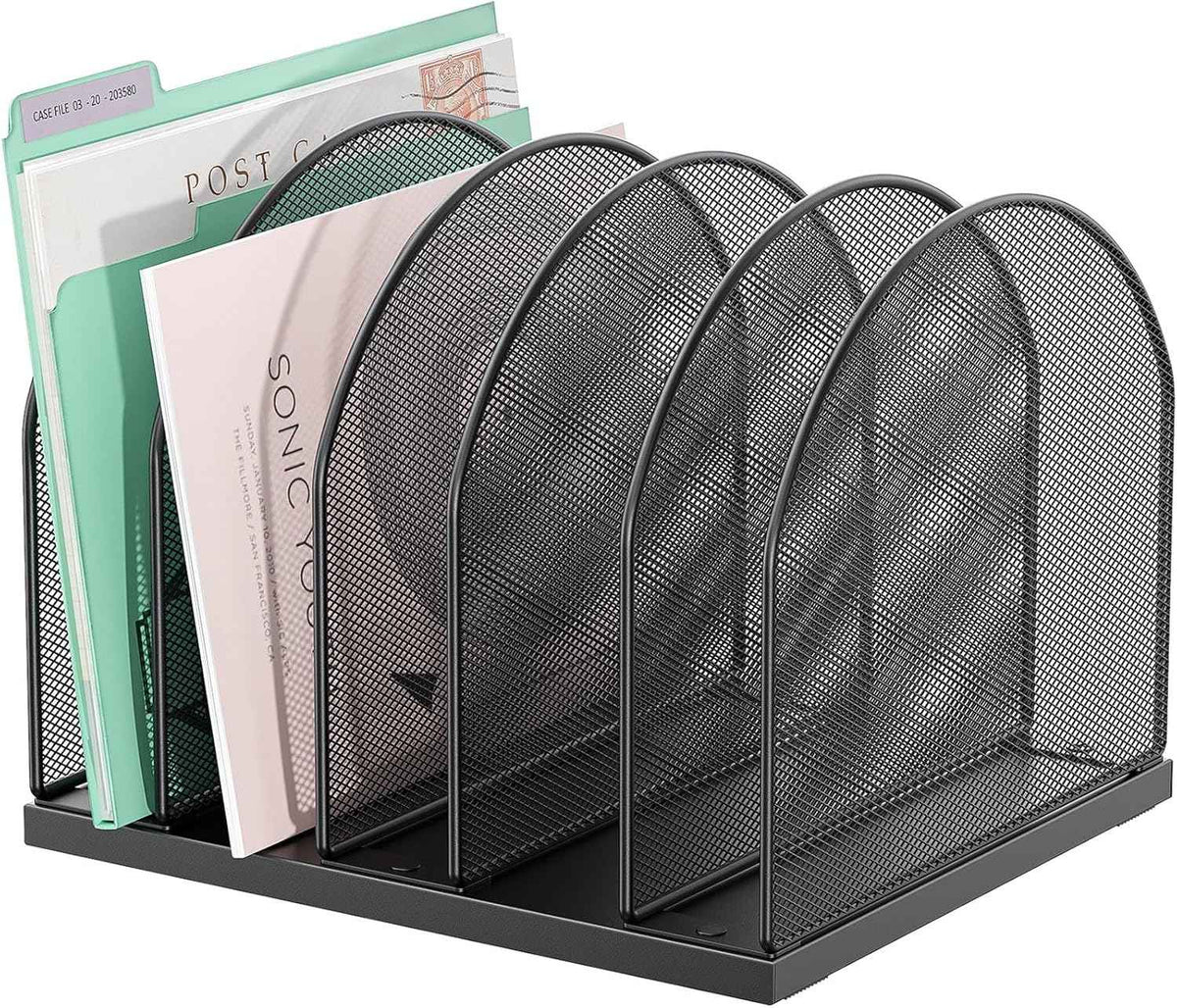 gianotter Desktop File Organizer with 5 Compartments | Desk Organizer Paper Organizer for Desk Workspace Organizers for Office Supplies (Black, Upright Style)