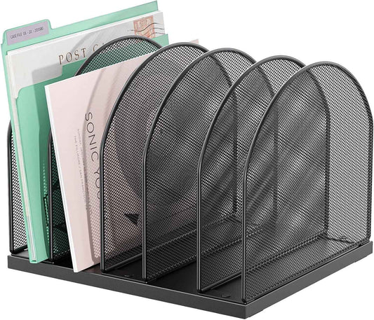 gianotter Desktop File Organizer with 5 Compartments | Desk Organizer Paper Organizer for Desk Workspace Organizers for Office Supplies (Black, Upright Style)