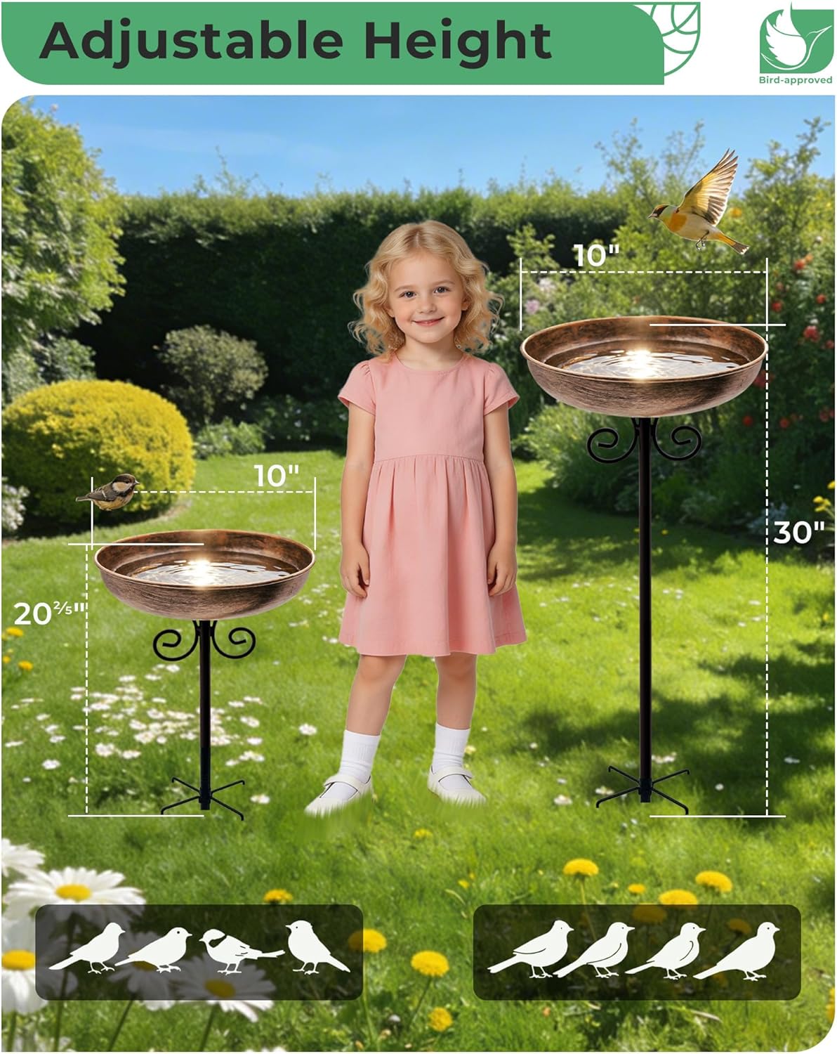 10" Small Metal Bird Bath with Stake, Outdoor Birdbath for Garden | 5-Prong Stake, Adjustable Height, Rust Resistant Finish, Easy Assembly, Shallow Bowl Design, Lawn Patio Decor