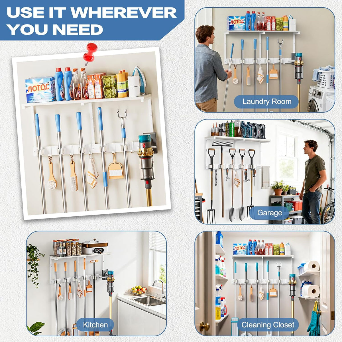 Broom Holder Wall Mount with Cleaning Supplies Organizer - Field & Nook