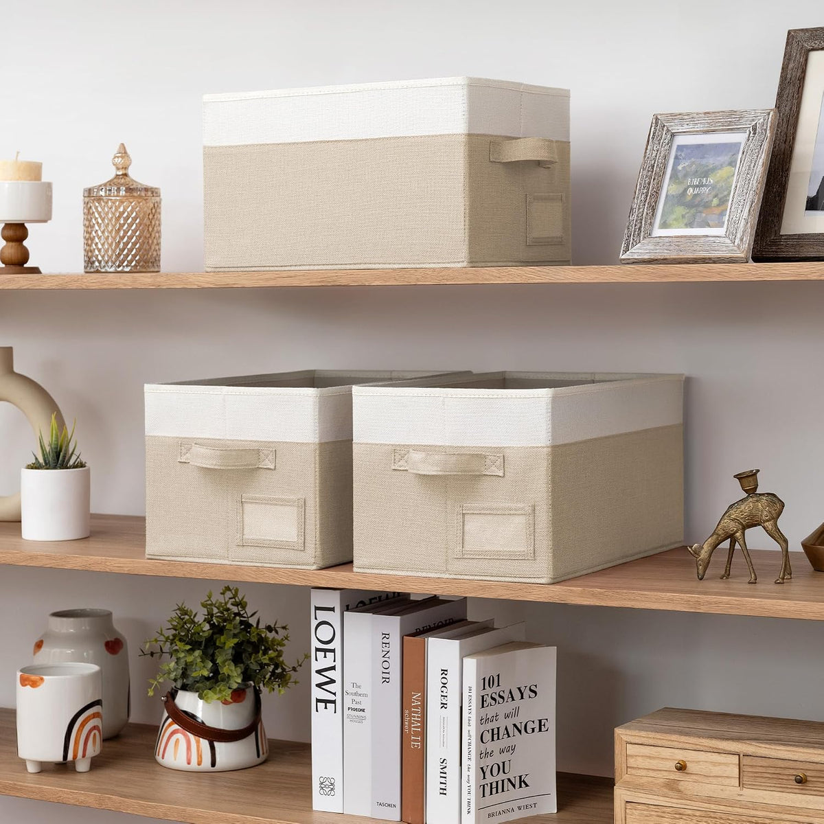 GRANNY SAYS Closet Storage Bins with Label, Khaki&Ivory, Medium, 3-Pack | Closet Storage Bins, Storage Baskets for Closet, Fabric Bins for Clothes, Closet Organizer Bins, Clothes Storage Organizer - Field & Nook
