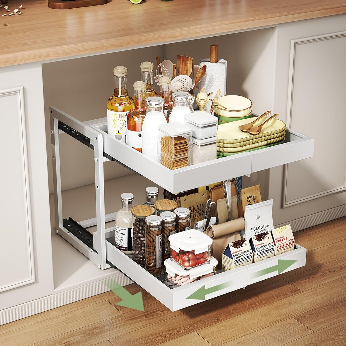 Abalter Expandable Pull Out Cabinet Organizer, 2-Tier Slide Out Drawer for Kitchen Cabinets, Adjustable Width 12–18.5", Slide Out Shelves for Kitchen, Bathroom, Pantry, Heavy Duty Caddy(White) - Field & Nook