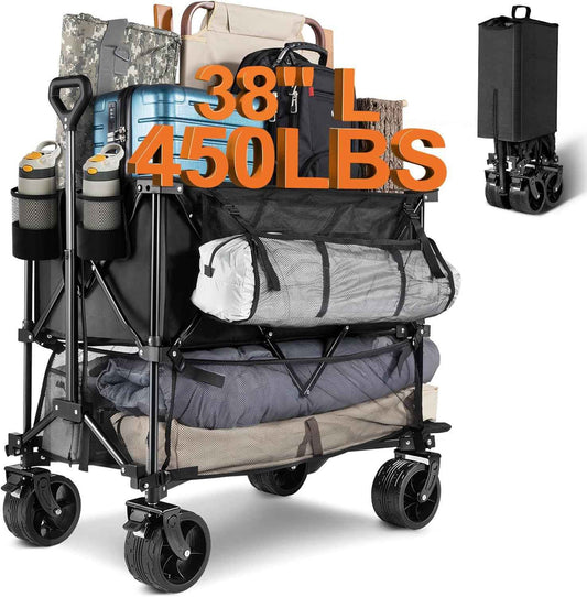 Fenbeli Double Decker Folding Wagon Heavy Duty Collapsible Utility Cart with 450LBS Load 400L Capacity All Terrain 7" Wheels Portable Foldable Wagon for Camping Sports Garden Shopping (Black)