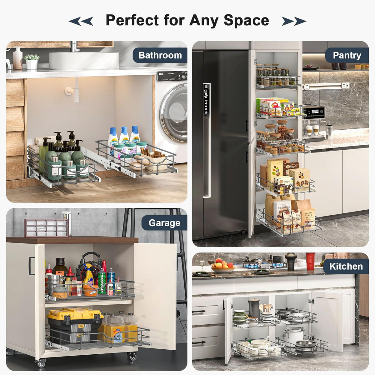 2 Tier Pull Out Cabinet Organizer - 8" W x 22" D Soft Close Slide Out Shelves with Shelf Liners - Pullout Drawers for Kitchen Cabinets, Pantry, Bathroom, Heavy Duty Steel Wire Baskets - Field & Nook