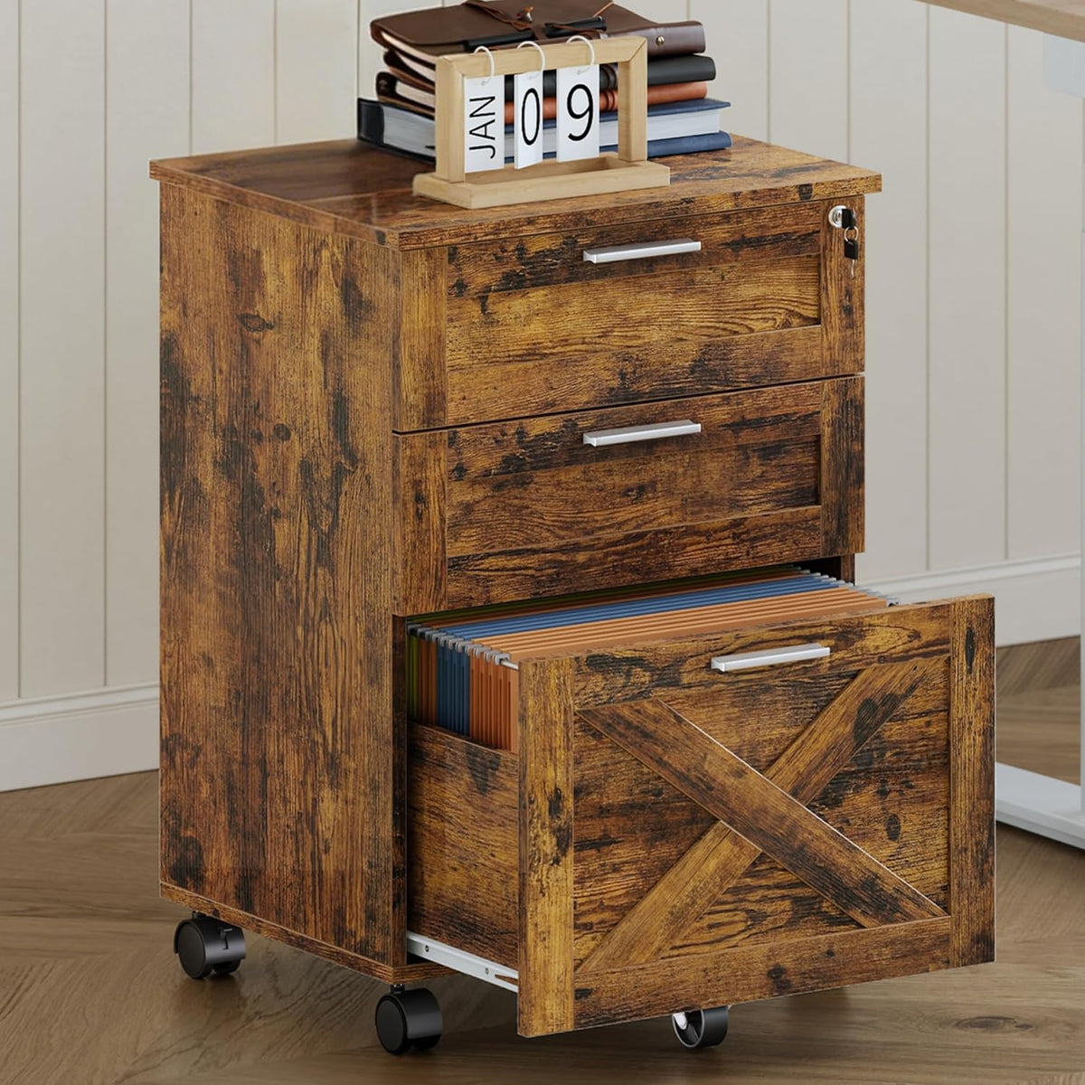 3-Drawer Rolling File Cabinet with Lock - Wooden Mobile Filing Cabinet for Home Office, Under Desk Storage Organizer fits Letter/A4/Legal Size, Sturdy Printer Stand with Locking Casters, Rustic Brown - Field & Nook