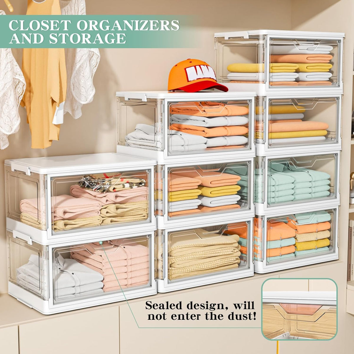 Kmiectse Clear Storage Bins with Lids - 4 Tier 23qt Plastic Stackable Bins | Closet Organizers Box for Bedroom, Living Room, 23 QT Folding Box with Magnetic door - Field & Nook