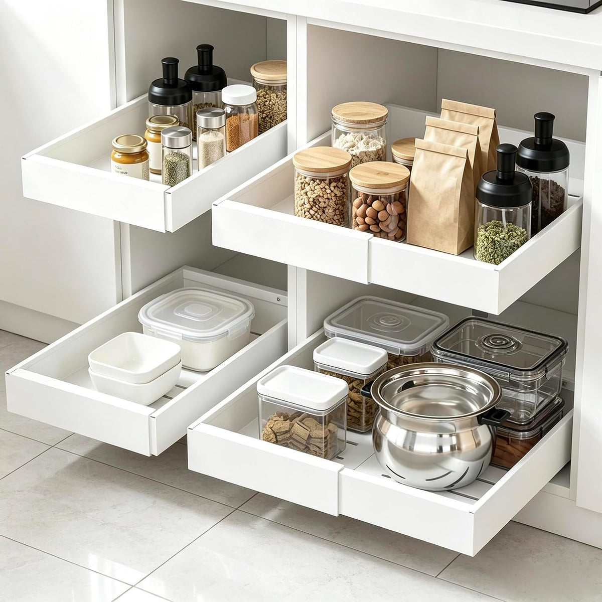 4 Pack Expandable Pull Out Cabinet Organizer | fixed by nano adhesive film,heavy duty sliding drawer,suitable for kitchen,pantry cabinet storage - Field & Nook