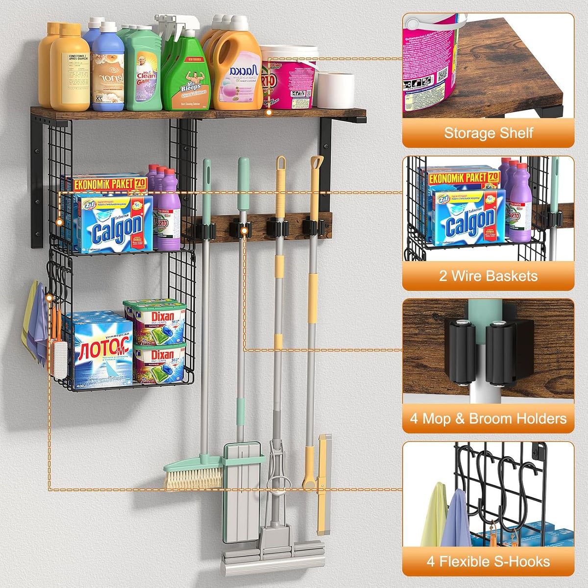 Wall Mount Broom Holder Laundry Room Storage Organizer Shelves - Field & Nook