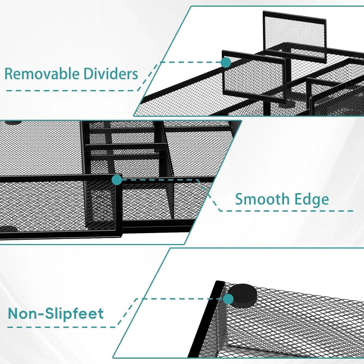 Expandable Desk Drawer Organizer, 10 Adjustable Compartments, Black | Metal mesh drawer organizer tray with 5 removable dividers, expands from 8.74 to 16 in for office supplies, makeup or tools - Field & Nook