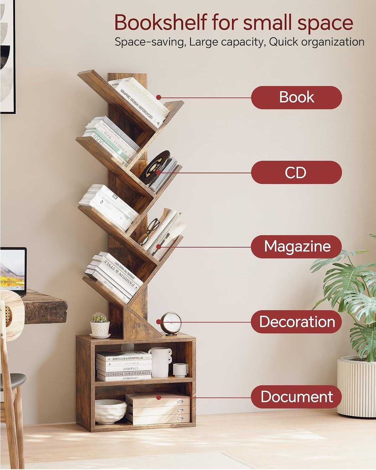 Six-Tier Tree Bookshelf – Narrow Corner Display with Cabinet