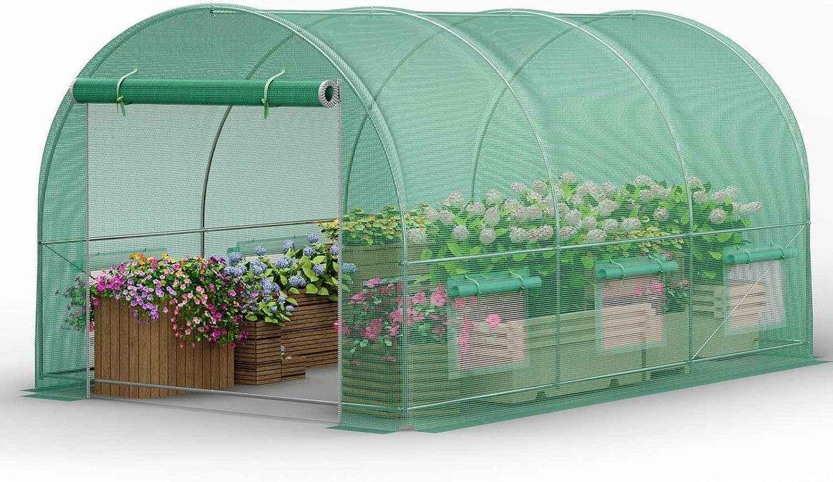Walk-in Greenhouse 13×8×7FT, Outdoor Tunnel Greenhouse, Large Plant Hoop House for Outside, Hot House for Winter with 6 Ventilated Mesh Windows, Galvanized Steel Frame (Green, 13×8×7FT)