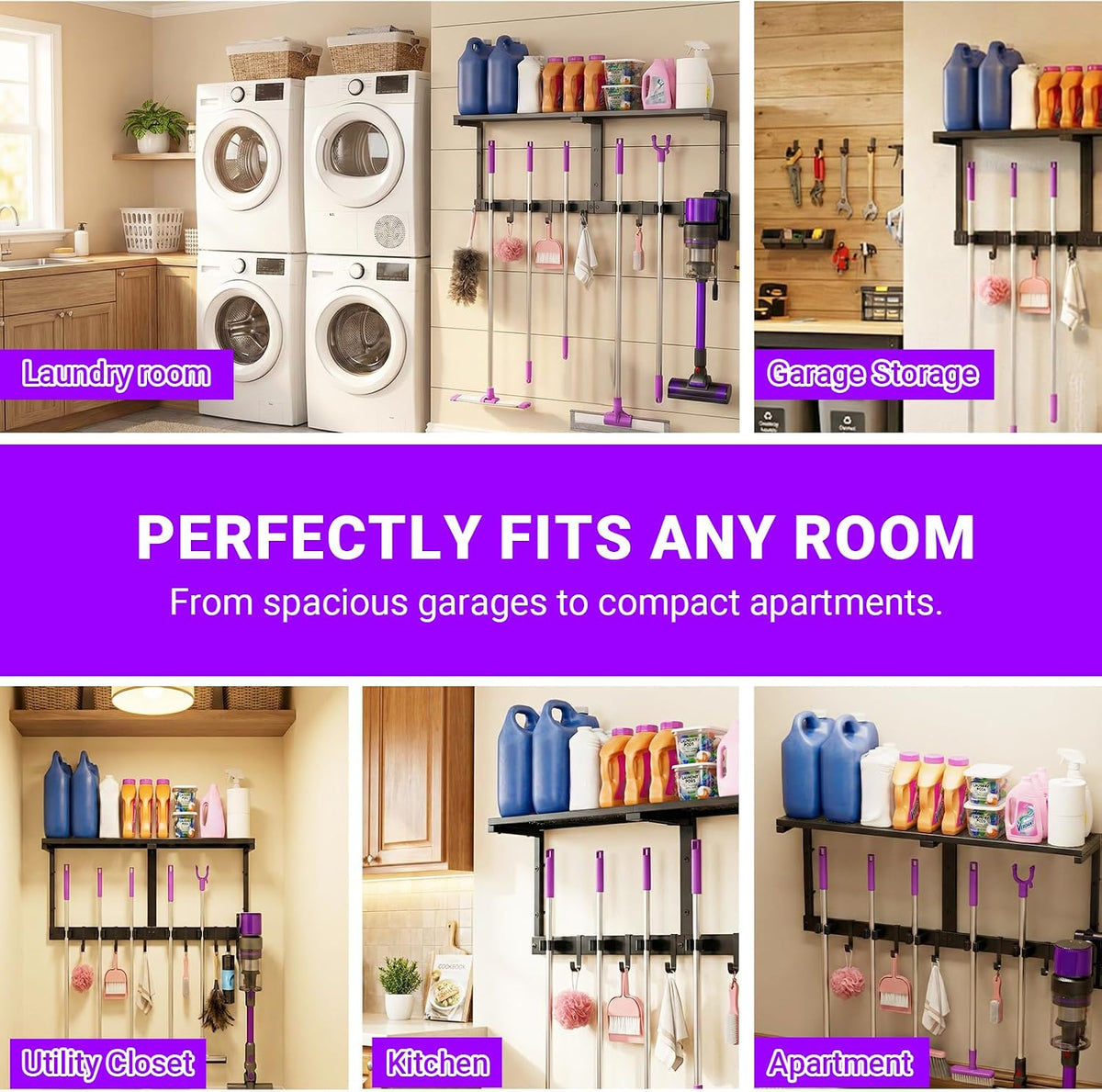 Heavy Duty Broom Holder Wall Mount – All-Metal Mop Rack with Storage Shelves - Field & Nook