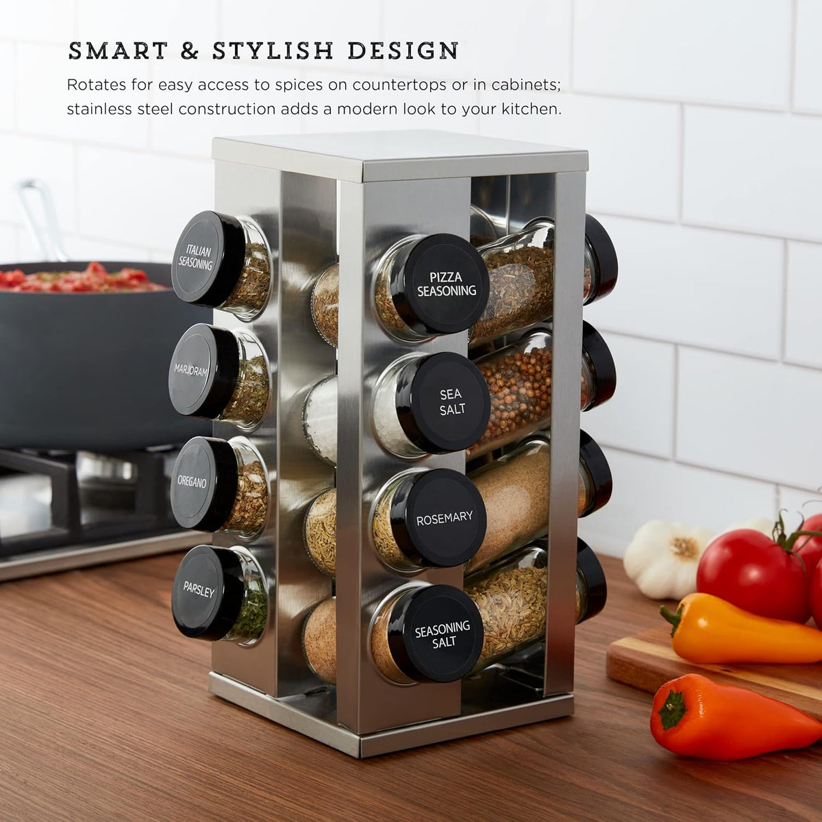 Kamenstein 16 Jar Heritage Revolving Countertop Spice Rack Organizer with Spices Included, FREE Spice Refills for 5 years, Brushed Stainless Steel with Black Caps - Field & Nook