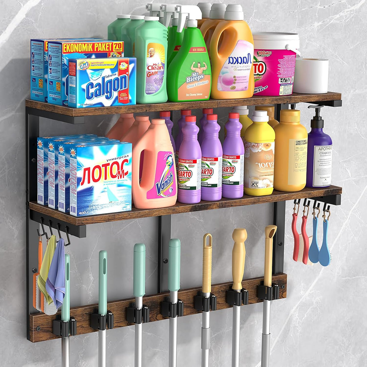 2-Tier Wall-Mount Broom & Cleaning Tool Organizer - Field & Nook