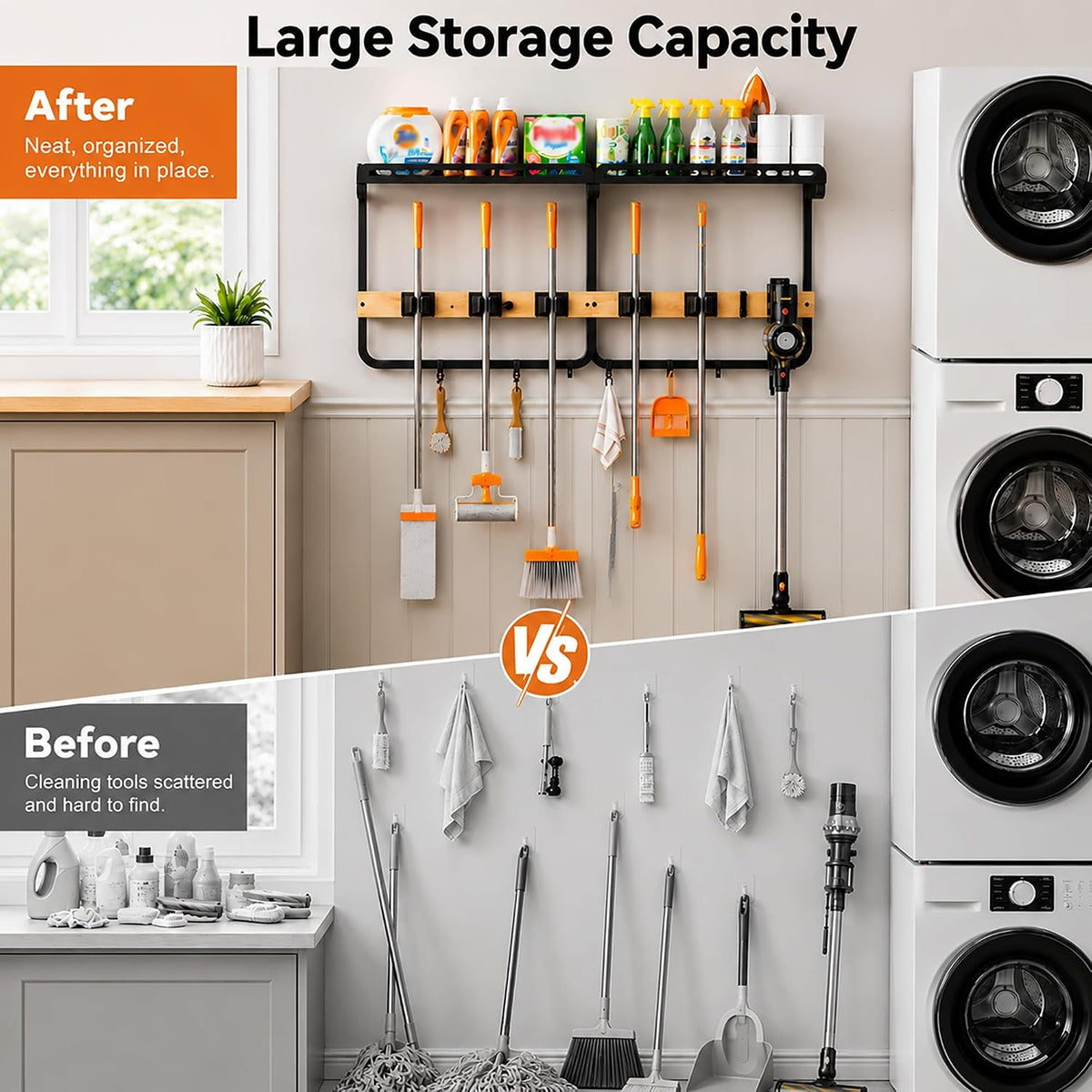 Large Broom Mop Holder Wall Mount with Shelf,5 Grips,6 Hooks,Vacuum Hook | 3-in-1 Cleaning Supplies Organizer,Broom Organizer,Top Shelf with Railing,Storage Rack for Laundry Utility Garages Kitchens, - Field & Nook