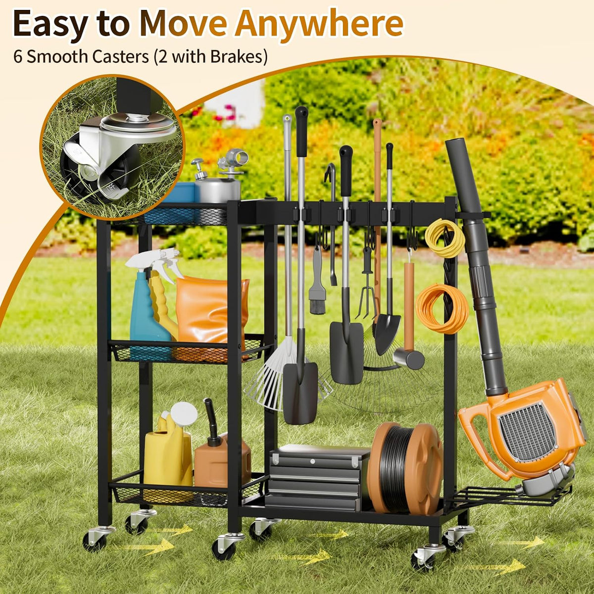Broom Holder with Cleaning Supplies Organizer, 30.7"Wx11.8"Dx34.6"H | Load 350 LBS, Cleaning Cart with Wheels, 3-Tier Shelves, 6 Mop Hanger Grippers & 3 Double-Hooks, Vacuum Stand for Laundry - Field & Nook