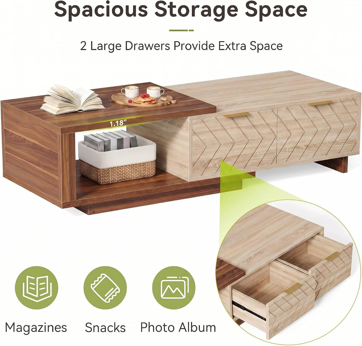 LITTLE TREE Expandable Coffee Table with 2 Drawers, Walnut & Oak