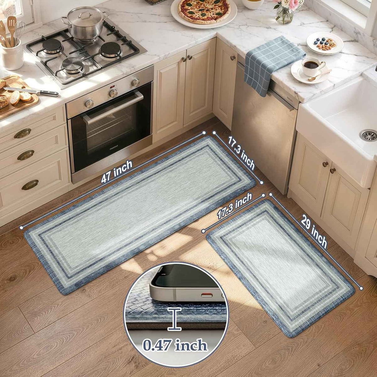 KIMODE Anti Fatigue Kitchen Mat 2 PCS Farmhouse Kitchen Rugs Sets of 2 | Blue Gray Home Decor Waterproof Kitchen Mat for Floor Laundry Room Rug,Cushioned Comfort Foam Standing Mat for Office Sink