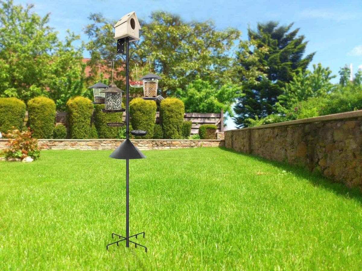 92 Inch Squirrel Proof Bird Feeder Pole with 9 Prongs Base, 1 Inch Dia Bird House Pole, Heavy Duty Bird Feeder Stand, Adjustable Shepherds Hooks for Outdoor with Squirrel Baffle Birdbath Tray