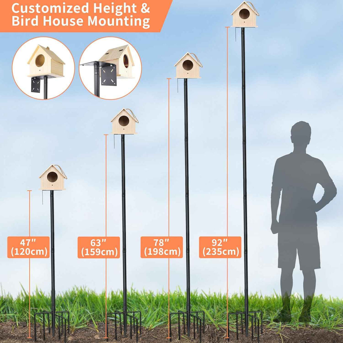 92 Inch Squirrel Proof Bird Feeder Pole with 9 Prongs Base, 1 Inch Dia Bird House Pole, Heavy Duty Bird Feeder Stand, Adjustable Shepherds Hooks for Outdoor with Squirrel Baffle Birdbath Tray