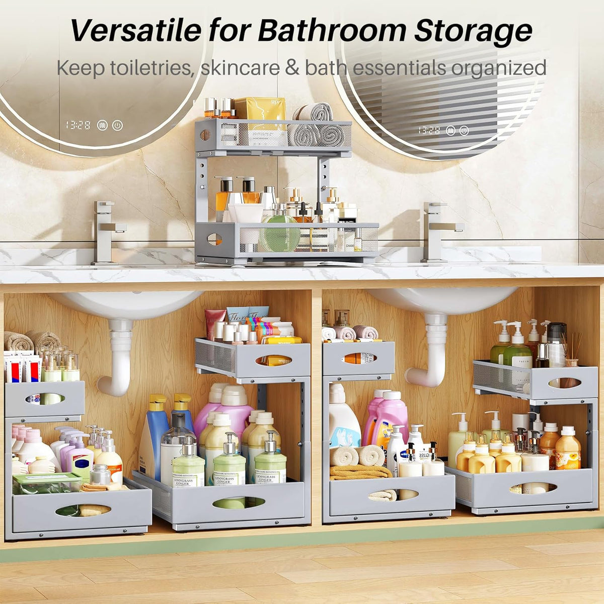Under Sink Organizer, 2-Pack Pull Out Cabinet Organizer 2 Tier Metal Slide Out Storage Shelf Rack, L-Shaped Adjustable Height,Mesh Sliding Drawer for Kitchen, Bathroom, Laundry, Pantry, Grey, XL - Field & Nook