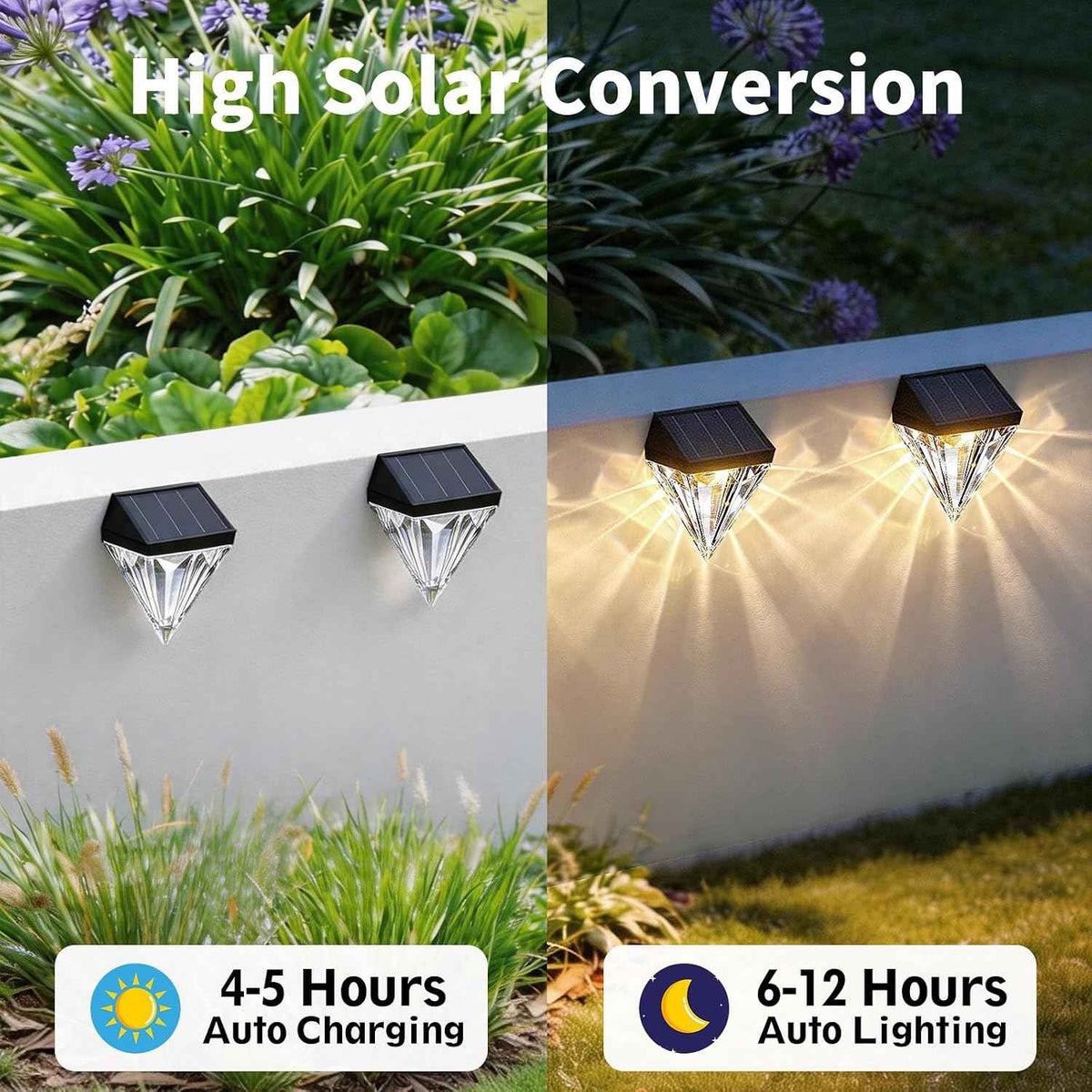 Solar Fence Lights, Solar Deck Lights Outdoor Waterproof, Warm White LED Solar Wall Lights 4 Pack for Garden Stair, Fence, Patio, Front Porch, Pathway & Wall Decor