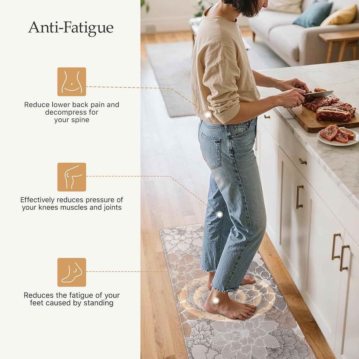 GENIMO Anti Fatigue Kitchen Mats for Floor 2PCS, Cushioned Standing Mats | 17.3"x47"&17.3"x30", Taupe Grey vintage floral rug set, waterproof, non slip, easy-clean for farmhouse