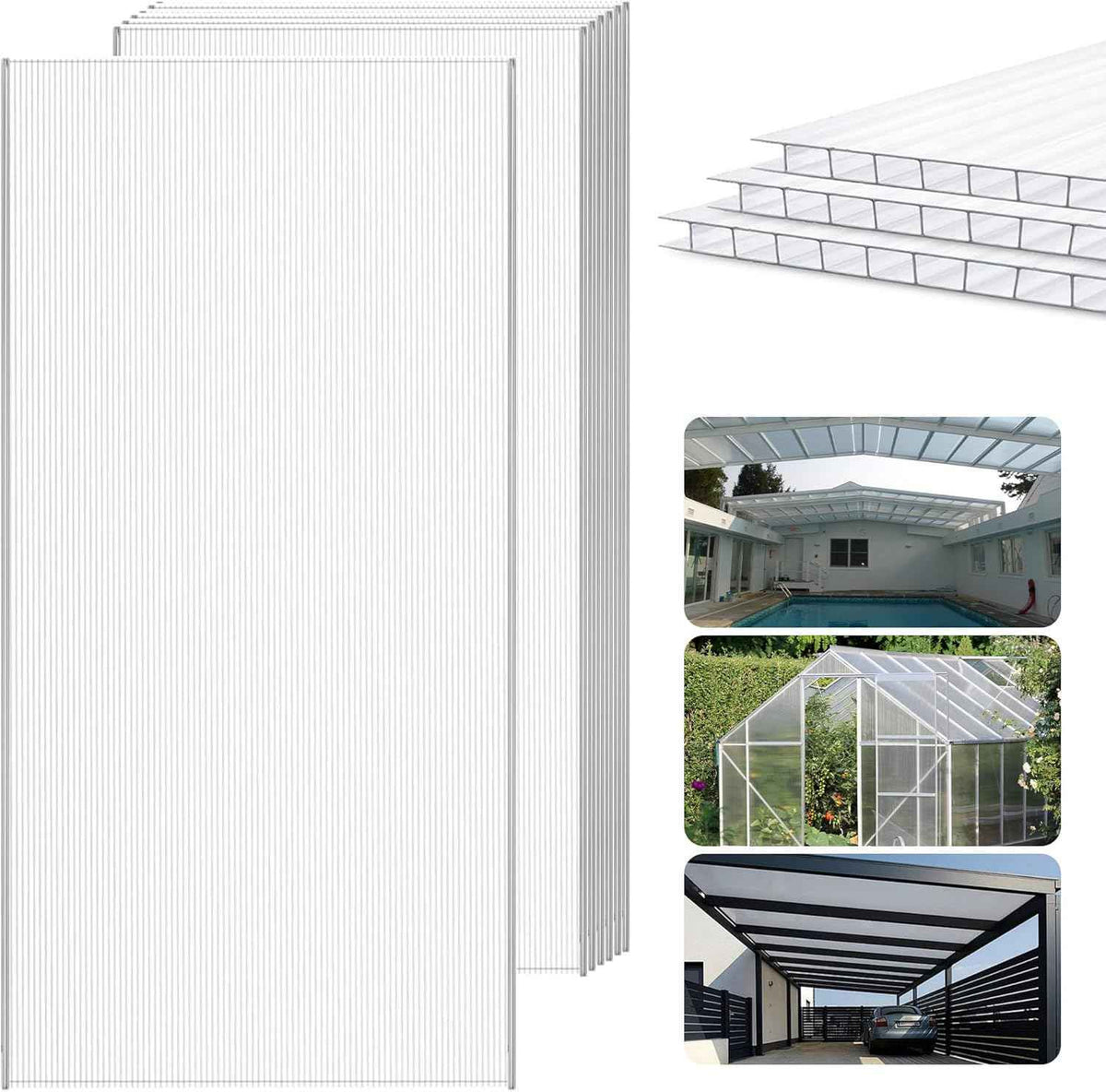 6 Pcs Polycarbonate Greenhouse Panels,4' x 2' x 0.16'' Twin-Wall Plastic roof Panels,Waterproof UV Protected Clear Corrugated Polycarbonate Sheet for All Weather Outdoor Garden Greenhouse Replacement