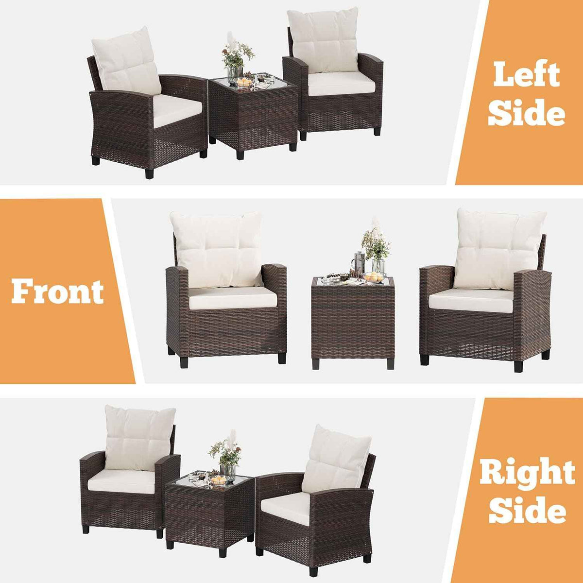 Shintenchi 3 Pieces Patio Furniture Set, PE Rattan Wicker 3 Pcs Patio