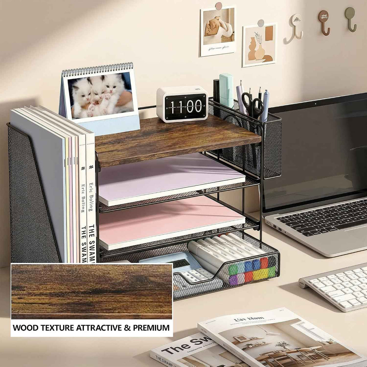 Desk Organizer, 4-Tier Desktop File Organizer with Drawer and Pen Holders, Office Desk Accessories, File Sorters, Workspace Organizers for Office Supplies(Wood)