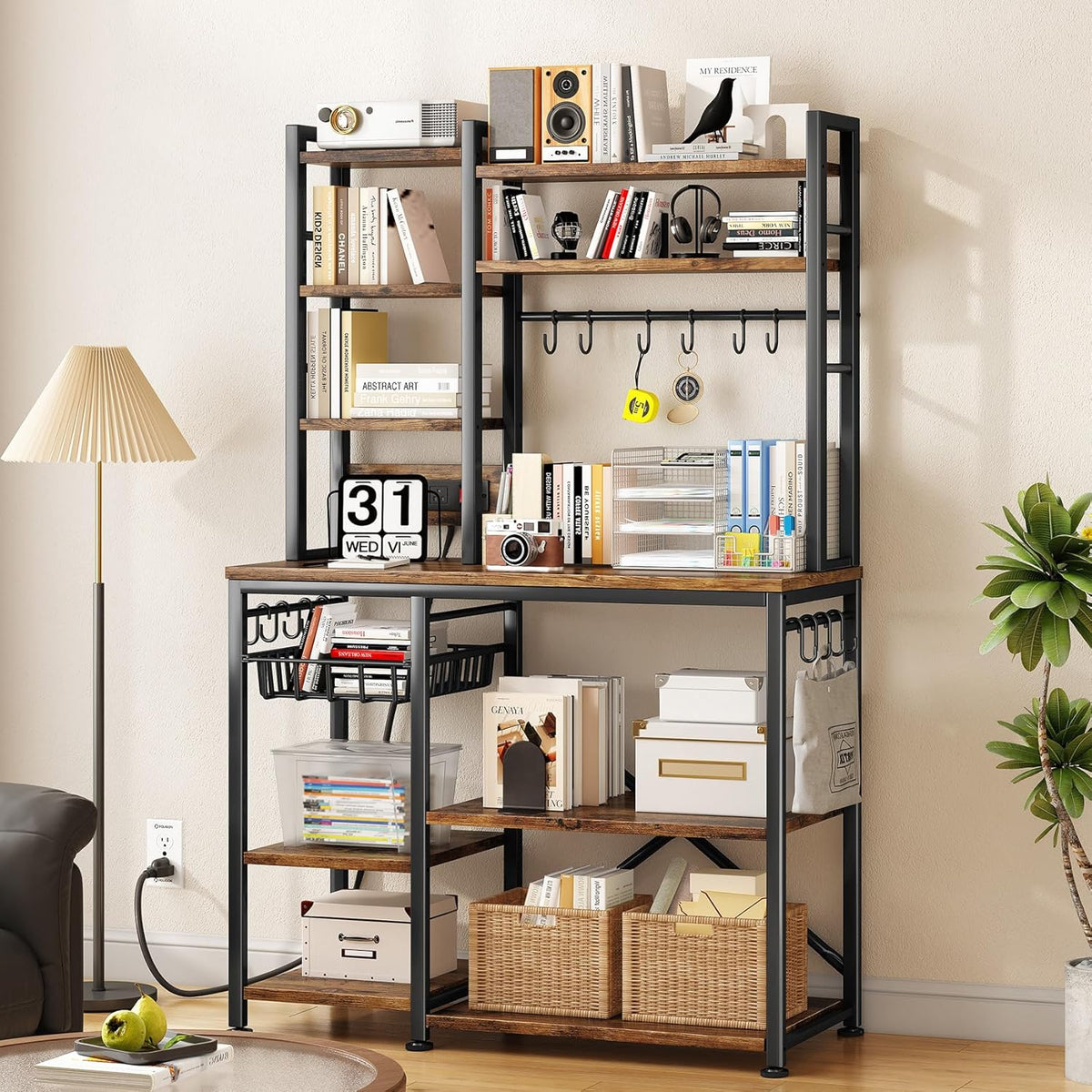 6-Tier Baker's Rack with Power Outlets | Rustic Brown, Metal & Wood, 72" Kitchen Shelf with Pull-Out Basket