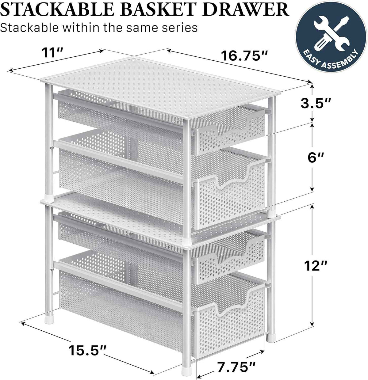 Simple Houseware Stackable 2 Tier Sliding Basket Organizer, White