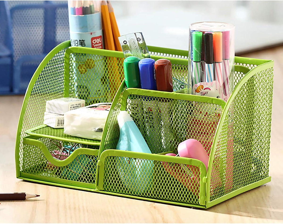VANRA Office Supply Caddy Mesh Desk Organizer School Supply Holder 6 Compartments with Drawer (Green) - Field & Nook