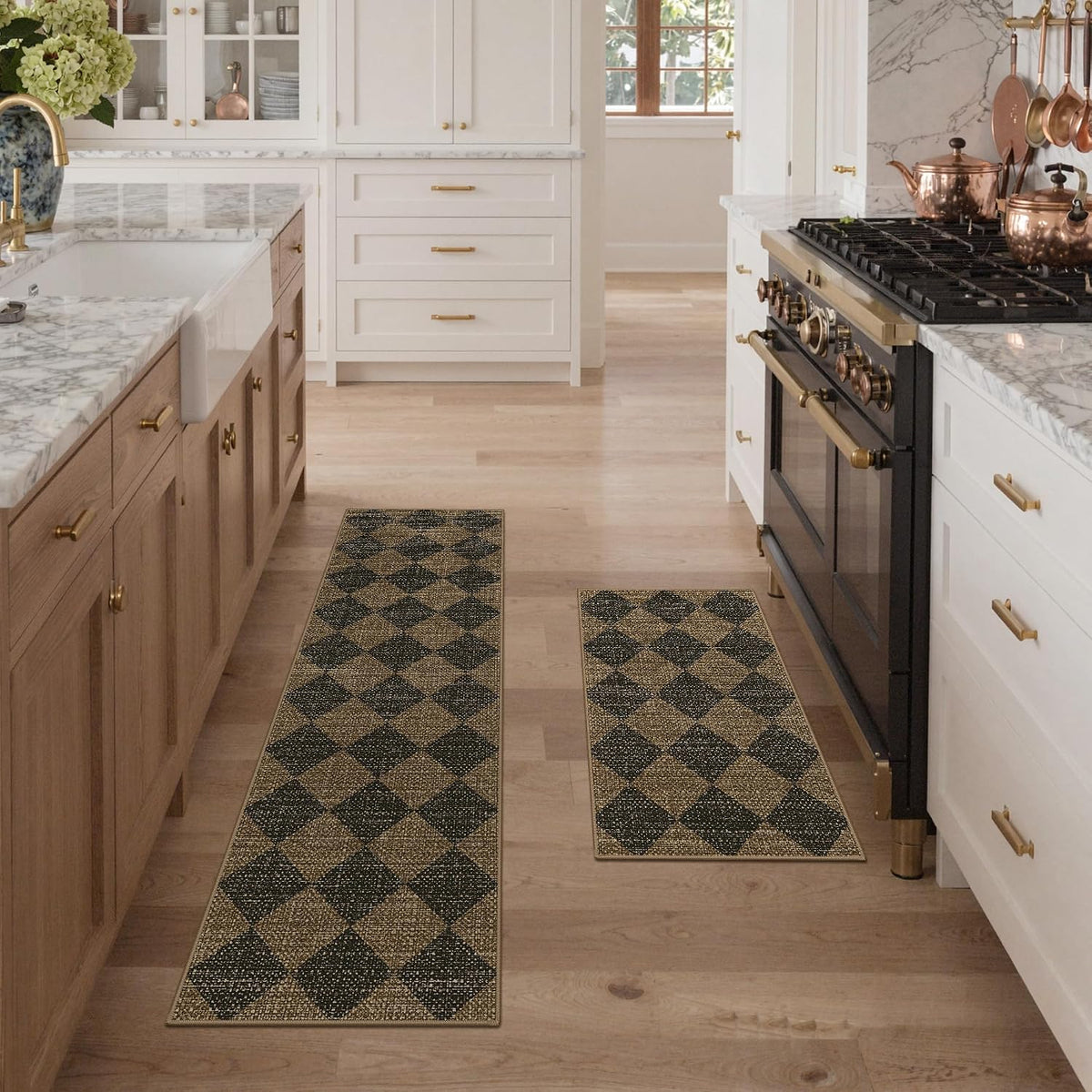 GENIMO Kitchen Rugs Non Slip Washable, Absorbent Kitchen Mats for Floor, Cushioned Comfort Standing Kitchen Runner Rug for Sink, Office, Laundry, Entryway, Home, 17.3"x59"+17.3"x30", Brown Diamond