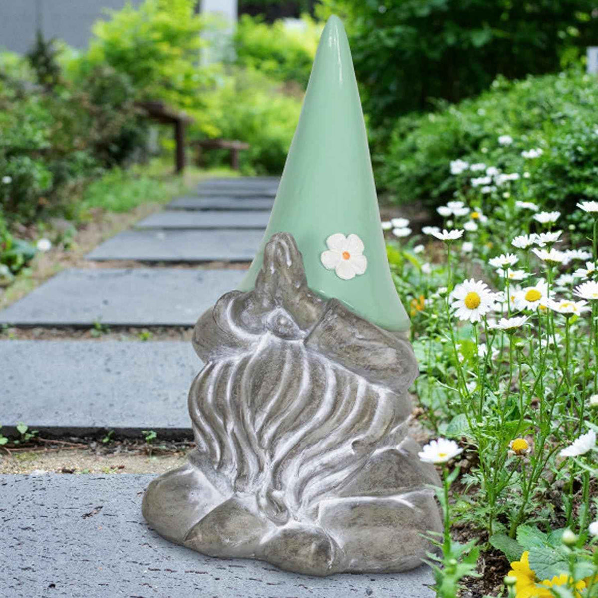 Exhart Garden Sculpture, Meditating Yoga Solar Garden Gnome Statue, LED Flower Hat, Outdoor Garden Decoration, 7 x 11.5 Inch, Mint