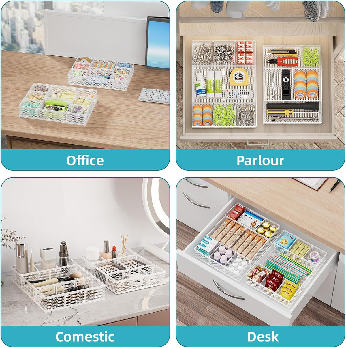 Marbrasse 2 Pack Desk Drawer Organizer, Mesh Drawer Organizer Tray with 8 Adjustable Compartments, Desk Organizers and Accessories, 5 Dividers for Office Supplies, Makeup & Vanity (White) - Field & Nook