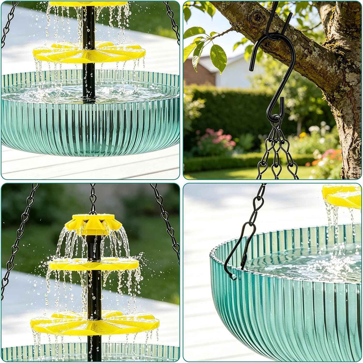 3-Tier Solar Powered Hanging Bird Bath Fountain Cascading Water Feeder for Hummingbirds Wild Birds[16.4FT/Extra Long Cord] for Outdoor,Garden, Patio, Backyard Decor