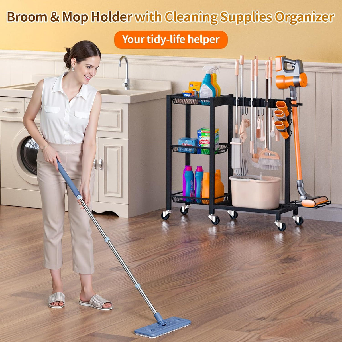 Broom Holder with Cleaning Supplies Organizer, 30.7"Wx11.8"Dx34.6"H | Load 350 LBS, Cleaning Cart with Wheels, 3-Tier Shelves, 6 Mop Hanger Grippers & 3 Double-Hooks, Vacuum Stand for Laundry - Field & Nook