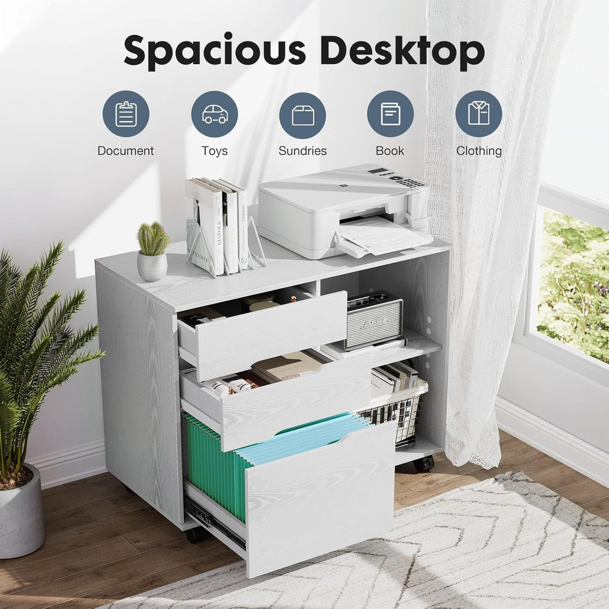 DUMOS File Cabinet with 3 Drawers, Wood Under Desk Storage Printer Stand | Rolling Lateral Filing Cabinet with Adjustable Shelves for Home Office Study Organizatiom, Classic White - Field & Nook